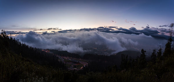 High angle view of landscape against sky during sunset