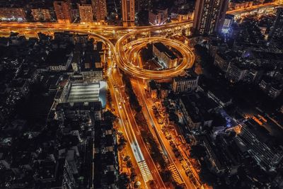 High angle view of light trails on road at night in guangzhou