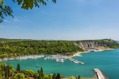 Gulf of trieste. high cliffs between boats, karst rocks and ancient castles. duino. italy