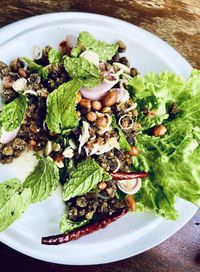 High angle view of food in plate