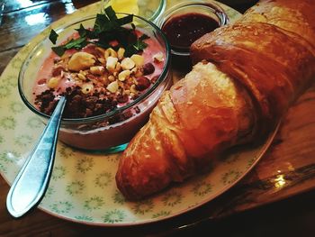 Close-up of breakfast served on table