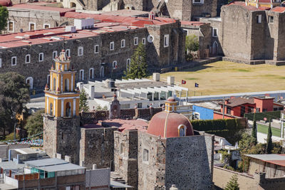 High angle view of buildings in town