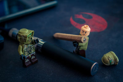 High angle view of toys on table