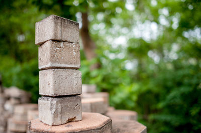 Close-up of stone stack against plants