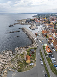 Aerial photo of allinge harbour and town, bornholm, denmark