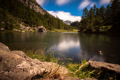 Scenic view of lake against cloudy sky