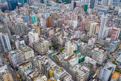 High angle view of modern buildings in city