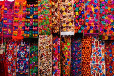 View of colorful indigenous maya fabric with different patterns in chichicastenango, guatemala