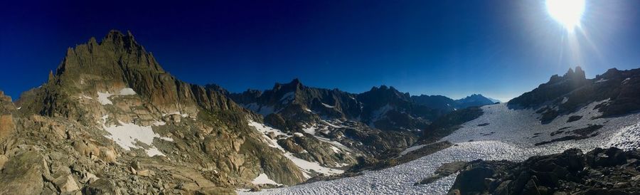 Panoramic view of snowcapped mountains against clear blue sky