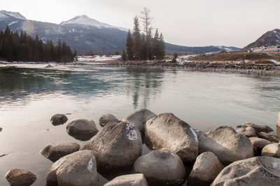 Scenic view of rocks in lake against sky