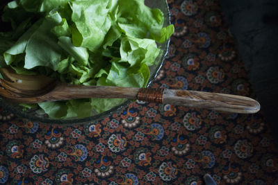 High angle view of salad in bowl on table