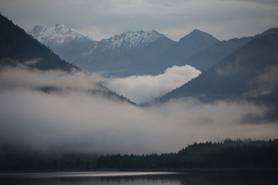 Scenic view of lake and mountains against sky