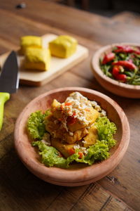 High angle view of salad in plate on table