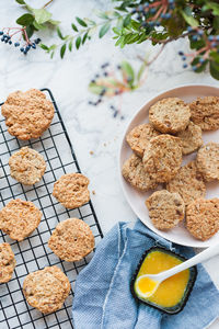 High angle view of cookies in plate on table