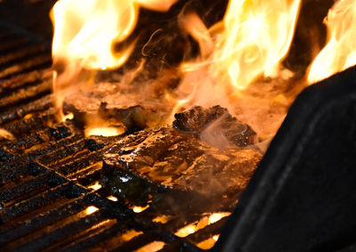 Close-up of grilled meat on barbecue