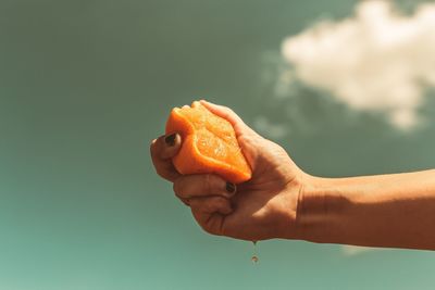 Close-up of hand holding orange slice