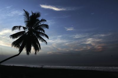 Silhouette palm trees on beach against sky at sunset