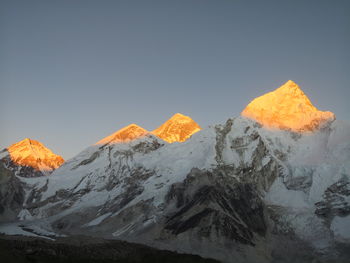 Scenic view of snowcapped mountains against clear sky