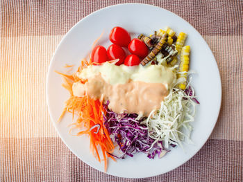 High angle view of dessert served on table