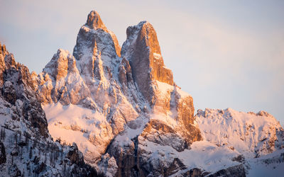 Low angle view of snowcapped mountains against sky