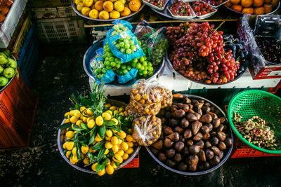 High angle view of food for sale at market stall