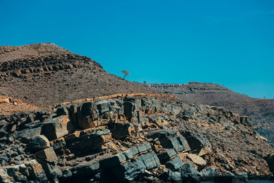 Scenic view of mountains against clear blue sky