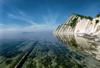 Scenic view of lake with rock formation against sky