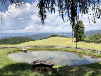 Scenic view of lake against sky. when water reflects the sky, two worlds meet. 