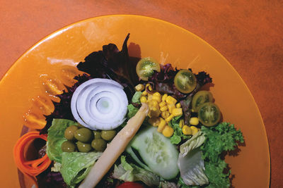 High angle view of fruits in bowl on table