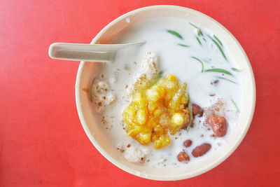 Directly above shot of breakfast served on table