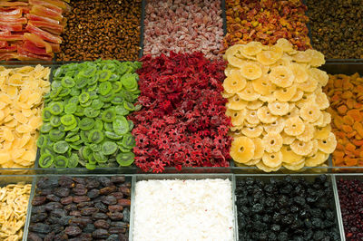 Detail shot of dried fruits for sale