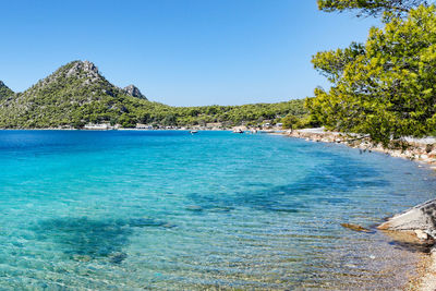 Scenic view of sea against clear blue sky