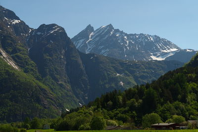 Scenic view of snowcapped mountains against clear sky