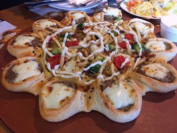 Close-up of food served on table