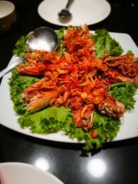 High angle view of food served in plate