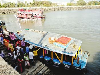 High angle view of boats moored in river