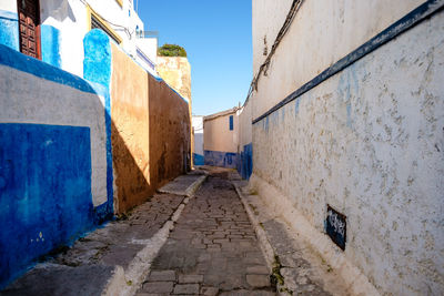 Walkway amidst buildings against sky