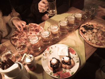 High angle view of food served on table in restaurant