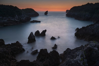 Buelna beach, asturias, spain. rock formations in the cantabrian ocean