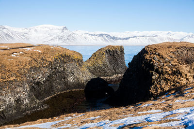 Scenic view of sea and snowcapped mountains against sky