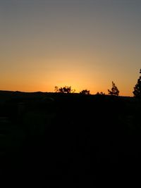 Silhouette trees on field against clear sky at sunset