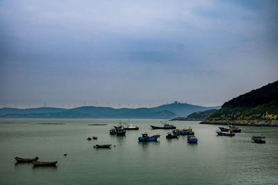 Boats moored in bay