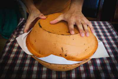 High angle view of woman preparing food