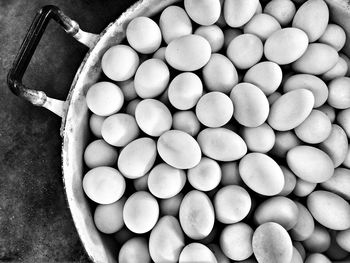 High angle view of eggs in container