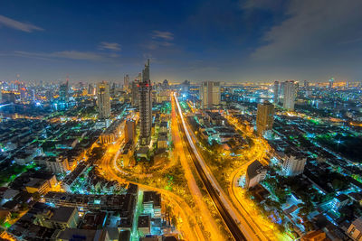 High angle view of illuminated buildings in city at night. bangkok city.