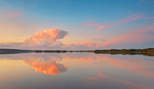 Summer evening landscape. colorful dusk clouds wallpaper.sunset colors reflection lake water surface