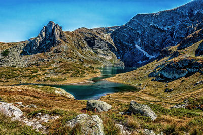 Scenic view of lake and mountains against sky