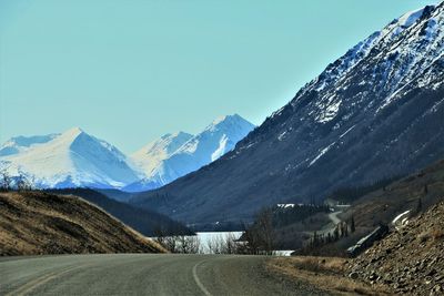 Scenic view of snowcapped mountains against clear sky