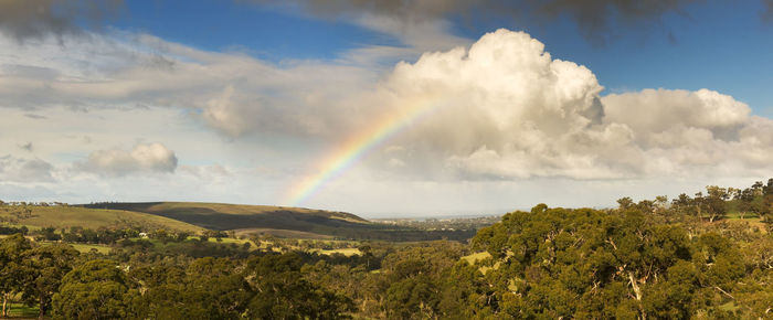 Panoramic view of rainbow over landscape against sky