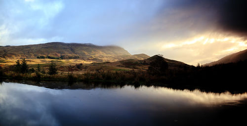 Scenic view of lake against sky during sunset